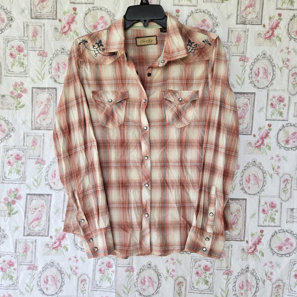 Legacy Falls For Her Plaid Western Shirt Medium Pink Orange Cotton Embroidered